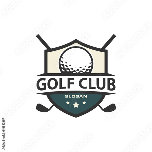 classic golf logo design. ball and stick in the shape of a shield symbol. for golf clubs