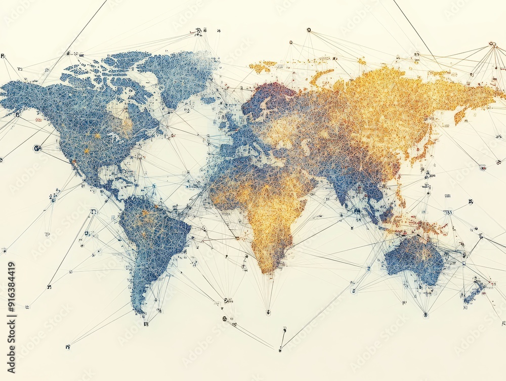Global network map with nodes representing GDP figures and lines showing intricate investment connections, network economy, investment pathways Global network map with nodes representing GDP figures and lines showing intricate investment connections, network economy, investment pathways