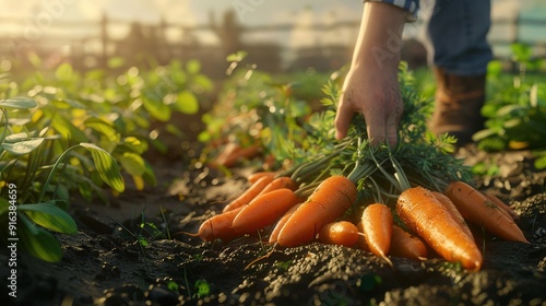 Stunning Farm Scene with a Farmer Harvesting Fresh Carrots, Agriculture and Countryside Lifestyle, Sustainable Farming Practices Highlighted