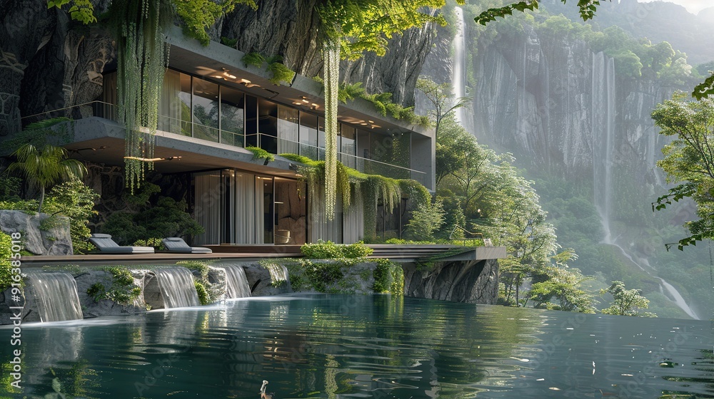 Modern House Built Into Cliffside With Pool and Waterfall View Modern House Built Into Cliffside With Pool and Waterfall View