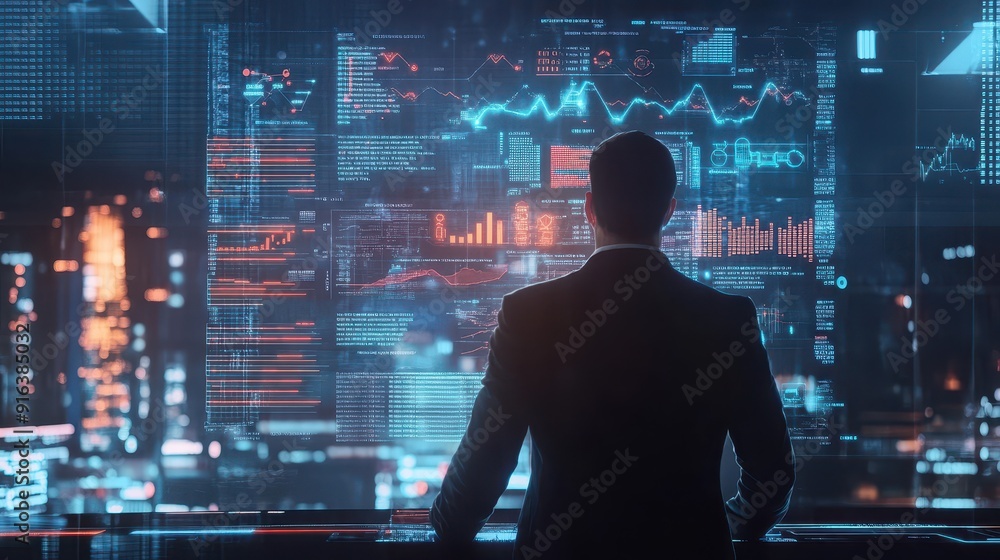 A businessman analyzing floating holographic GDP data and investment flow charts in a futuristic office setting, business analysis, financial forecasting A businessman analyzing floating holographic GDP data and investment flow charts in a futuristic office setting, business analysis, financial forecasting