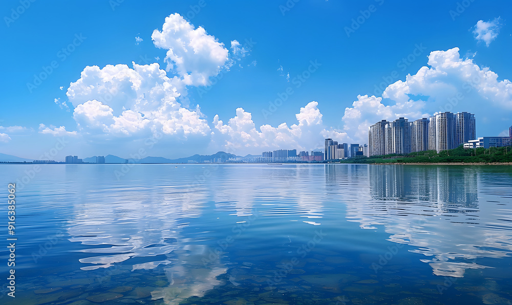 Obraz premium Reflection of water and city under blue sky and white clouds