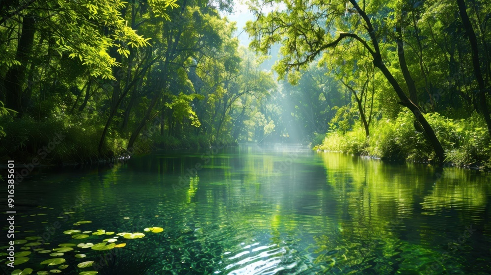 A scenic nature background with a tranquil river flowing through a dense forest, the clear water reflecting the surrounding trees and sky, creating a serene and peaceful atmosphere A scenic nature background with a tranquil river flowing through a dense forest, the clear water reflecting the surrounding trees and sky, creating a serene and peaceful atmosphere