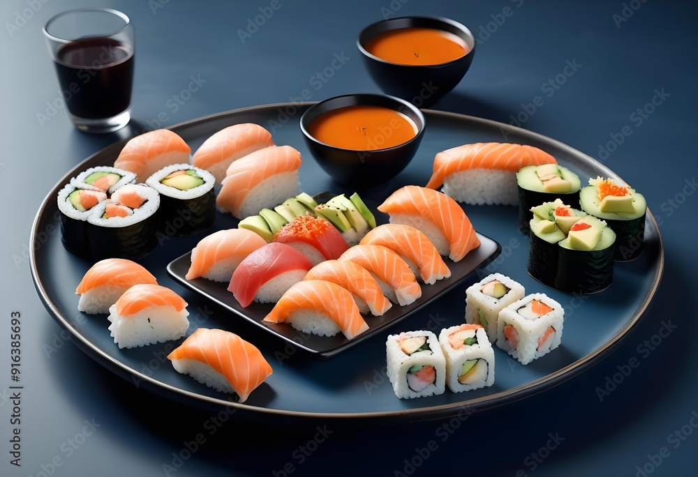 Sushi rolls are on a tray with other sushi Sushi rolls are on a tray with other sushi