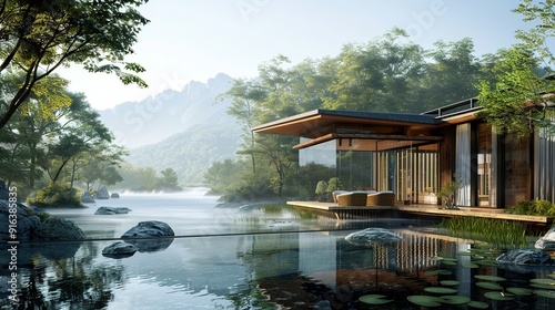 Modern Glass House with Mountain View and Pond