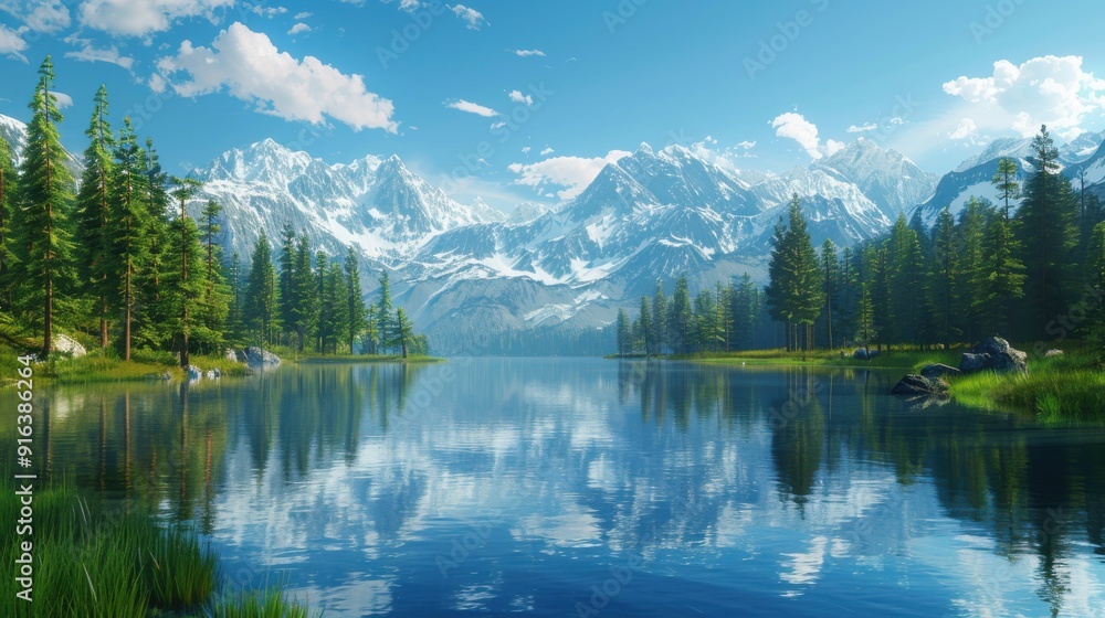 A nature scene showcasing a tranquil mountain lake surrounded by pine trees, the water perfectly reflecting the clear blue sky and the snowy peaks in the distance, creating a serene and peaceful A nature scene showcasing a tranquil mountain lake surrounded by pine trees, the water perfectly reflecting the clear blue sky and the snowy peaks in the distance, creating a serene and peaceful