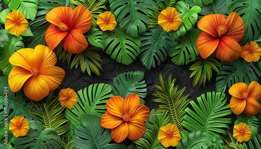 A luxurious wallpaper featuring a 3D bunch of leaves and flowers on a black background, with ample copy space A luxurious wallpaper featuring a 3D bunch of leaves and flowers on a black background, with ample copy space