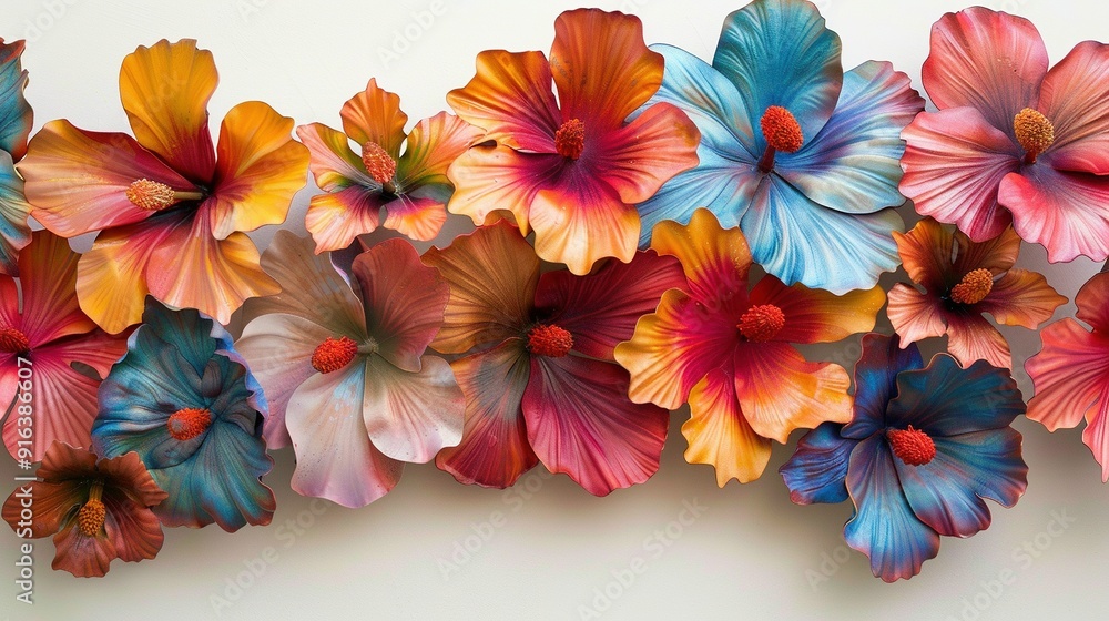 A Row of Colorful Artificial Hibiscus Flowers on a White Wall A Row of Colorful Artificial Hibiscus Flowers on a White Wall