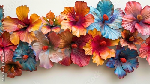 A Row of Colorful Artificial Hibiscus Flowers on a White Wall