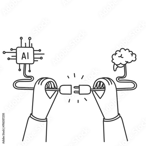 hand drawn doodle connecting brain with ai chip robotic 