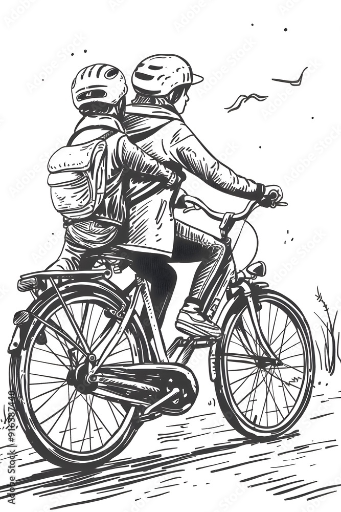 Obraz premium A Hand-Drawn Sketch of a Father and Son Riding a Bicycle Together, Embracing the Joy of Cycling and Bonding as They Pedal Along a Path, with the Wind Whispering Tales of Adventure