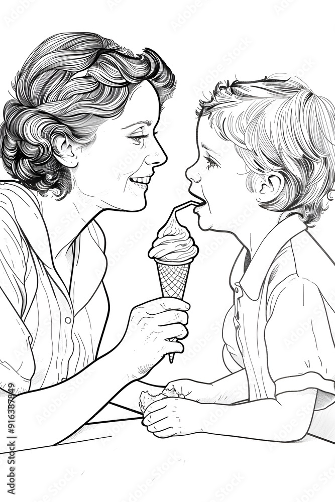 A Mother and Child Sharing an Ice Cream Cone, a Moment of Sweet Connection and Joy, Captured in a Black and White Line Art Illustration A Mother and Child Sharing an Ice Cream Cone, a Moment of Sweet Connection and Joy, Captured in a Black and White Line Art Illustration