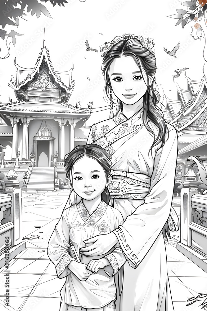 A Mother and Daughter in Traditional Asian Attire Standing Before a Grand Temple, Captured in a Black and White Sketch A Mother and Daughter in Traditional Asian Attire Standing Before a Grand Temple, Captured in a Black and White Sketch