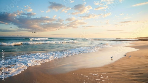 Fototapeta Naklejka Na Ścianę i Meble -  Tranquil Beach Scene with Seagulls and Foamy Waves at Sunset