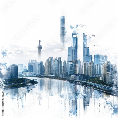 amazing a city skyline with a a cityscape featuring a towering skyscraper a bustling street and a serene river flowing through it png