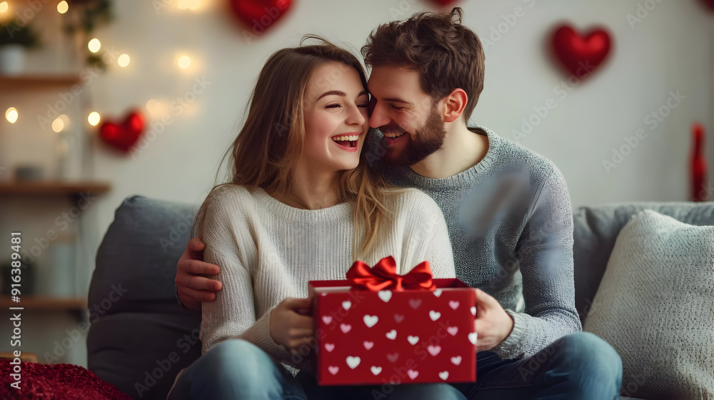 Romantic Couple Celebrating Valentine's Day with Gift Photo Romantic Couple Celebrating Valentine's Day with Gift Photo