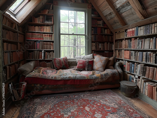 A cozy room featuring a comfortable couch and well-stocked bookshelves, creating an inviting reading space.