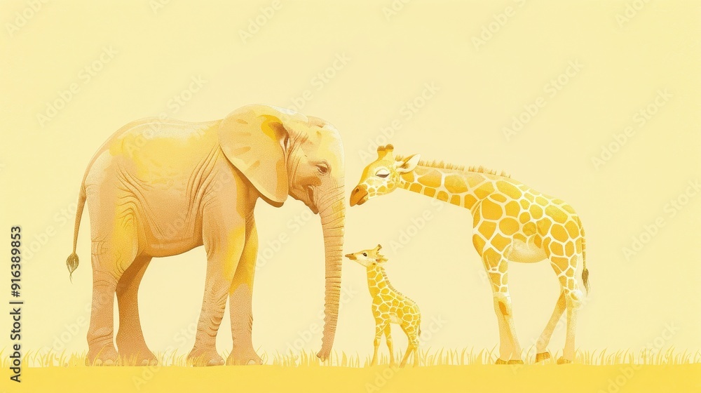 Fototapeta premium A young giraffe shares a tender moment with its mother and an elephant in a warm, tranquil environment
