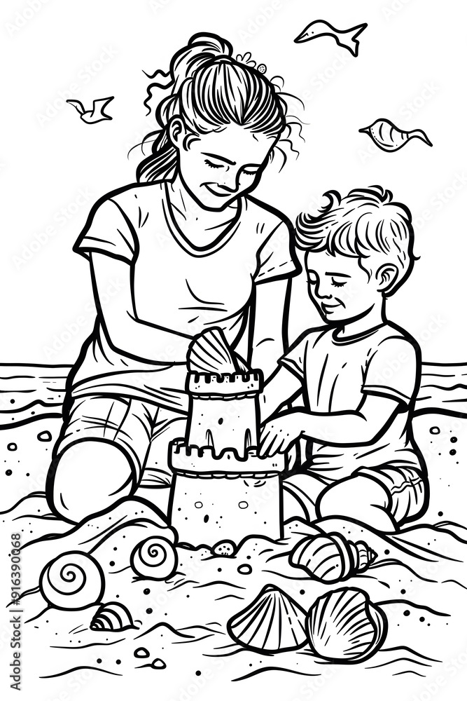 A Sister and Brother Building a Sandcastle on the Beach with Seagulls Flying Overhead A Sister and Brother Building a Sandcastle on the Beach with Seagulls Flying Overhead