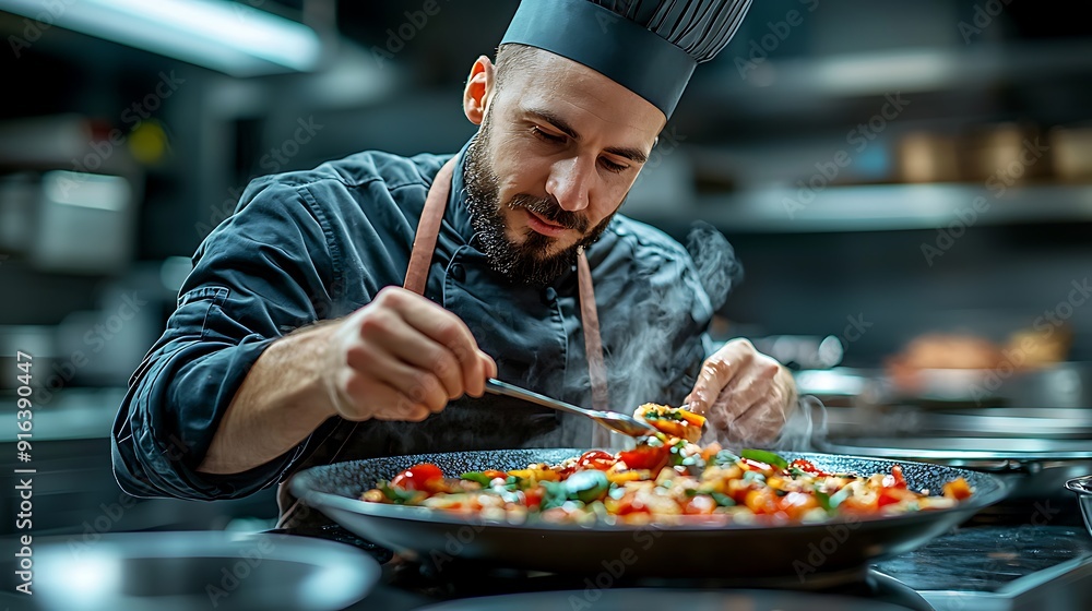 Smiling chef skillfully crafts vibrant salad in bustling restaurant kitchen Smiling chef skillfully crafts vibrant salad in bustling restaurant kitchen