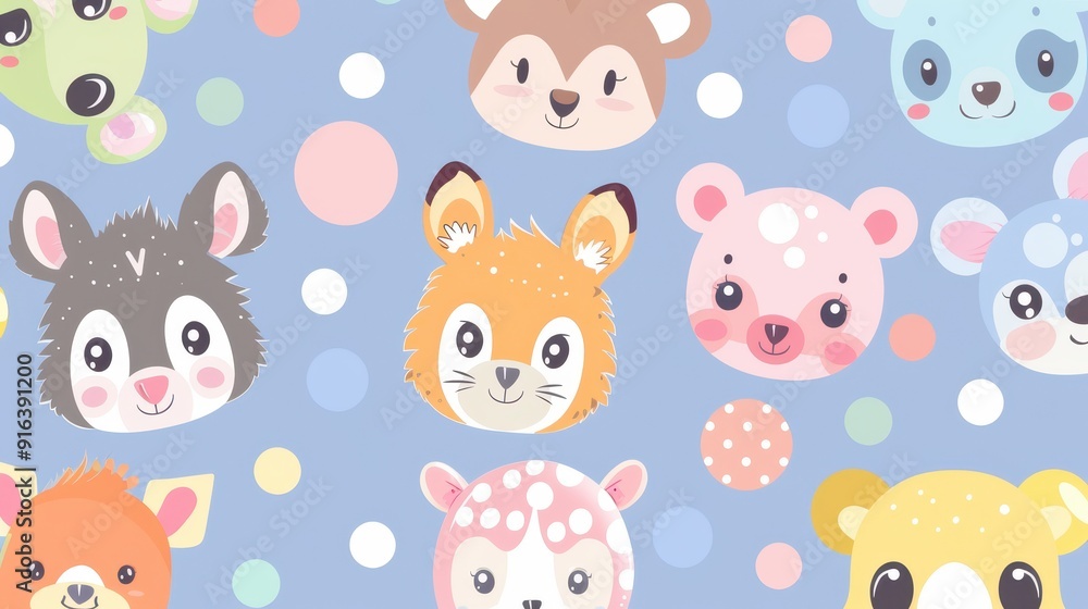 Obraz premium A vibrant design showcasing various adorable animal faces surrounded by colorful dots against a blue backdrop