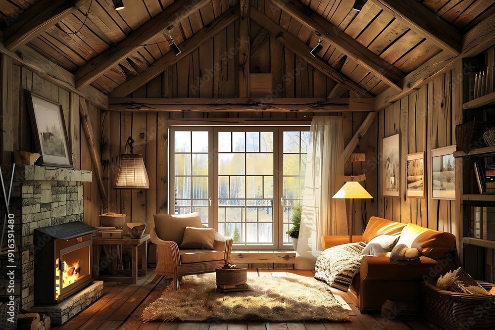 Interior of a modern living room in a wooden house Interior of a modern living room in a wooden house