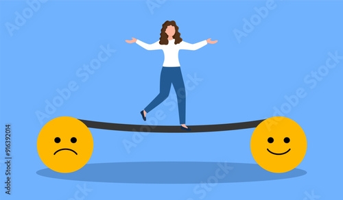 Emotional balance and harmony. Woman walking to positive feeling. Getting rid of negativity and improving mental state vector illustration.