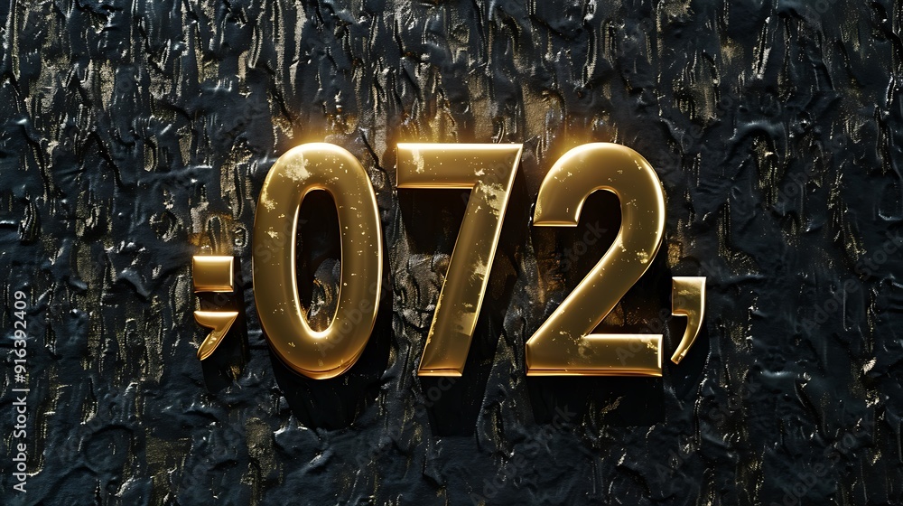 Golden Arabic numerals 072, 1 cm thick, in 3D on a black velvet ...