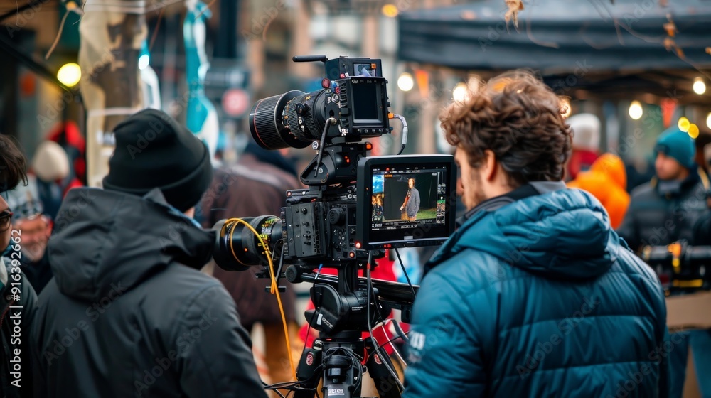 A director and actors discussing a scene on a movie set with lights and cameras surrounding them A director and actors discussing a scene on a movie set with lights and cameras surrounding them