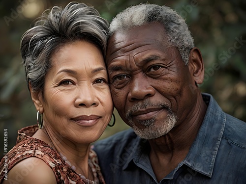 Portrait of a couple of black man from Africa and white woman from Asia, individuals of different races