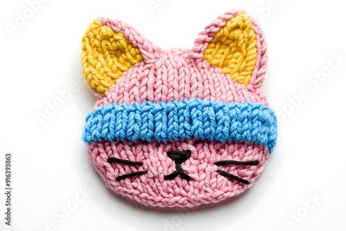 Pink knitted hat with ears bear face on a white background photo