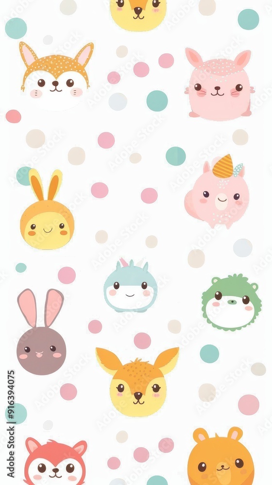 A playful pattern of cute cartoon animal faces in soft colors featuring bunnies, bears, and other friendly creatures A playful pattern of cute cartoon animal faces in soft colors featuring bunnies, bears, and other friendly creatures