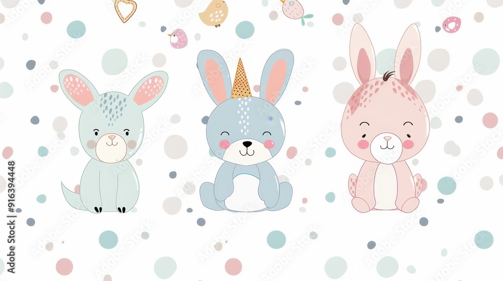 Three adorable cartoon animals wear party hats against a playful backdrop filled with pastel shapes and colors Three adorable cartoon animals wear party hats against a playful backdrop filled with pastel shapes and colors