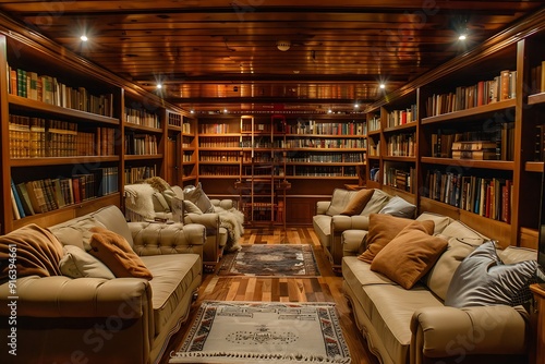 Interior of a modern library with sofas and bookshelves