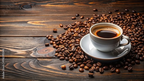 of a cup of coffee with beans on a table, coffee, cup, beans, table, beverage, drink, morning, aroma, fresh, hot, caffeine