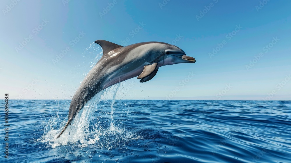 Fototapeta premium A dolphin leaping out of the water with a clear blue sky in the background