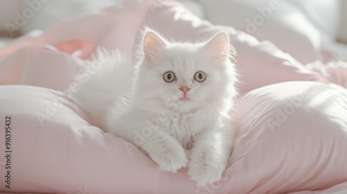 A white Chinchilla cat playing on top of a light pink pillow, bed scene, playful elements, joyful atmosphere, taken in the morning,