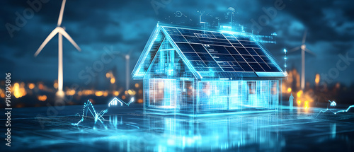 A smart home powered by renewable energy solar, and wind with LEDs, tracking energy usage and environmental impact, promoting a sustainable. future of energy management systems