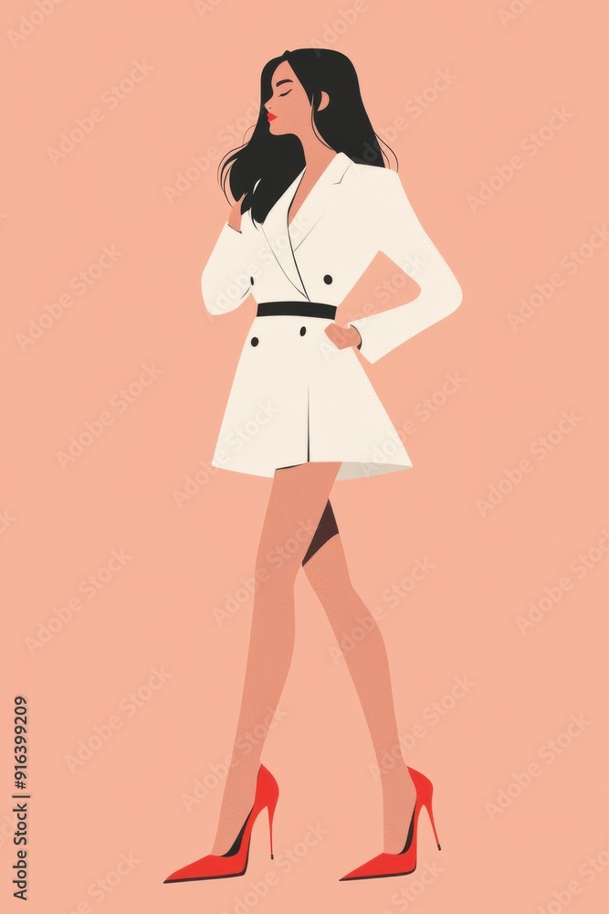 Minimalism illustration, an Asian woman, wearing a white blazer dress with a black waist belt and red stilettos, with one hand on her hip, chic fashion, boho, flat illustration on light coral Minimalism illustration, an Asian woman, wearing a white blazer dress with a black waist belt and red stilettos, with one hand on her hip, chic fashion, boho, flat illustration on light coral