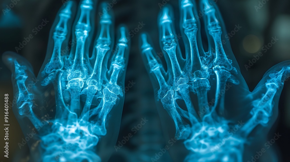 A high-resolution X-ray of hands, focusing on joint inflammation and deformation due to rheumatoid arthritis, detailed bone and joint structure, medical precision, blue-tinted monochrome, A high-resolution X-ray of hands, focusing on joint inflammation and deformation due to rheumatoid arthritis, detailed bone and joint structure, medical precision, blue-tinted monochrome,