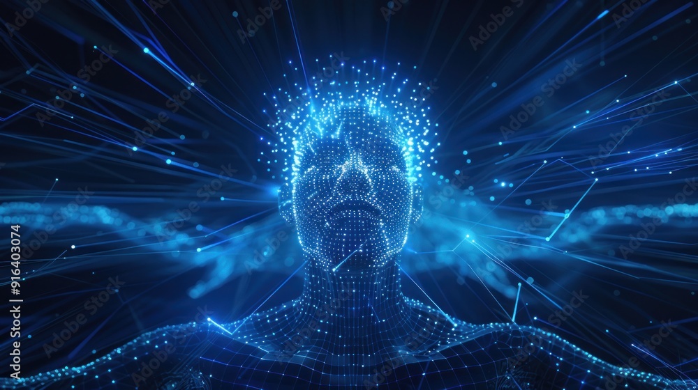 Digital man with glowing blue lines symbolizing the integration of artificial intelligence in modern technology surrounded by futuristic cyber lines and holographic effects Digital man with glowing blue lines symbolizing the integration of artificial intelligence in modern technology surrounded by futuristic cyber lines and holographic effects