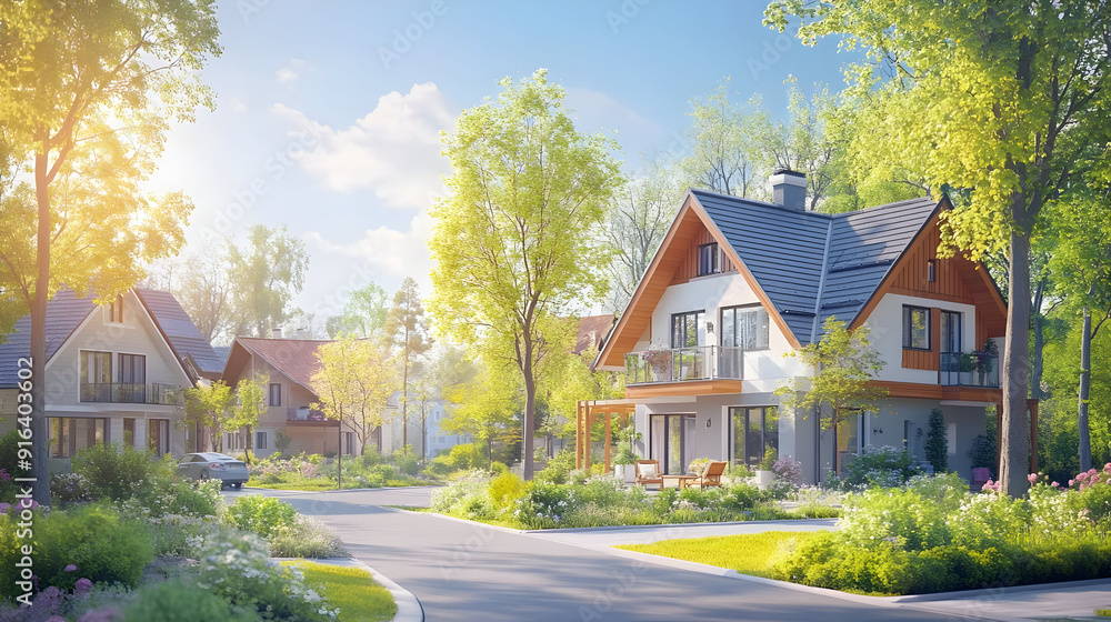 Beautiful Suburban Home with Lush Greenery 3D Illustration Beautiful Suburban Home with Lush Greenery 3D Illustration