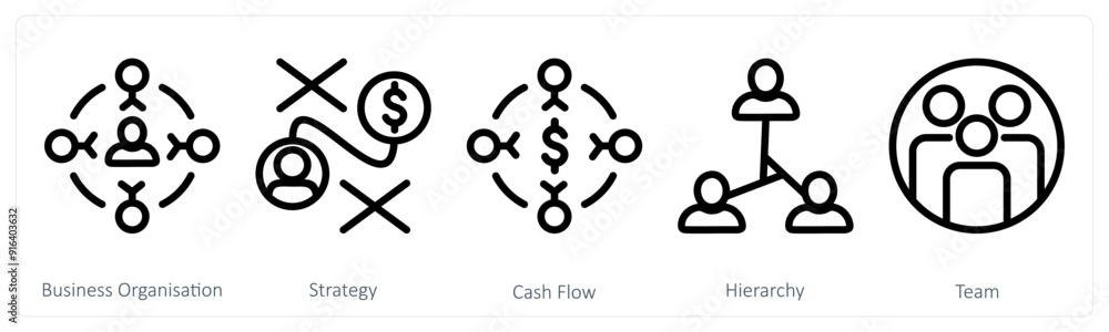 A set of 5 Business icons as business organisation, strategy, cash flow A set of 5 Business icons as business organisation, strategy, cash flow