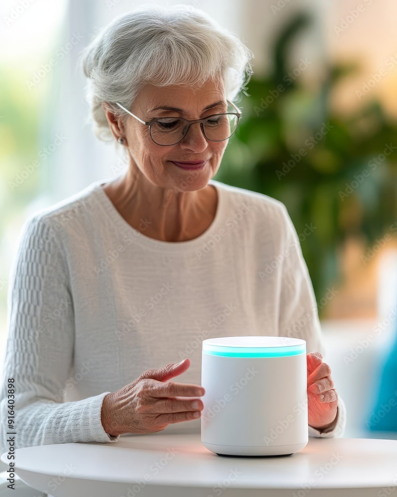 Senior lady, digital care assistant, futuristic assisted living facility, serene ambiance Senior lady, digital care assistant, futuristic assisted living facility, serene ambiance