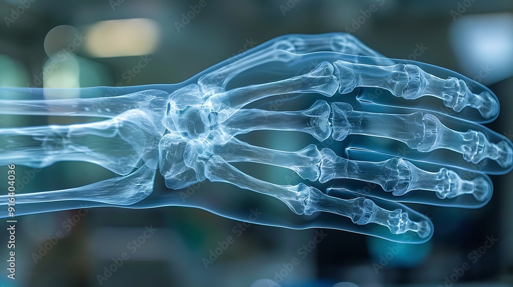 Close-up X-ray of a hand and wrist, focusing on carpal tunnel syndrome, high clarity and detail, blue-gray monochrome, clean medical imaging, examination room setting, crisp bone and tissue details. Close-up X-ray of a hand and wrist, focusing on carpal tunnel syndrome, high clarity and detail, blue-gray monochrome, clean medical imaging, examination room setting, crisp bone and tissue details.