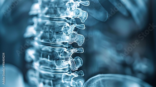 Close-up X-ray of a spinal fusion, focusing on surgical implants and bone fusion, high clarity and detail, blue-gray monochrome, clean medical imaging, examination room setting,