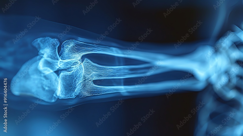 Close-up X-ray of an elbow, focusing on a suspected fracture, high clarity and detail, blue-gray monochrome, clean medical imaging, examination room setting, crisp bone details. --ar 16:9 --v 6. Close-up X-ray of an elbow, focusing on a suspected fracture, high clarity and detail, blue-gray monochrome, clean medical imaging, examination room setting, crisp bone details. --ar 16:9 --v 6.