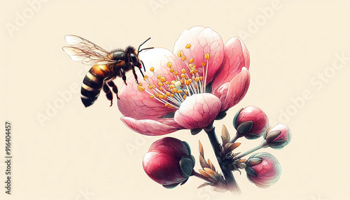 Bee Approaching Blooming Flower Detailed Interaction on White Background photo