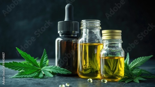 Cannabis CBD oil extracts in jars herb and leaves