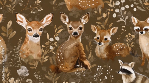 A charming design showcases various woodland animals surrounded by delicate floral elements